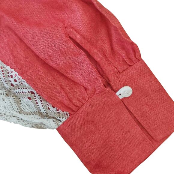 HILOS DE SOL Dalia Mexican embroidered linen lace belted red dress Size S M NEW - Picture 6 of 9